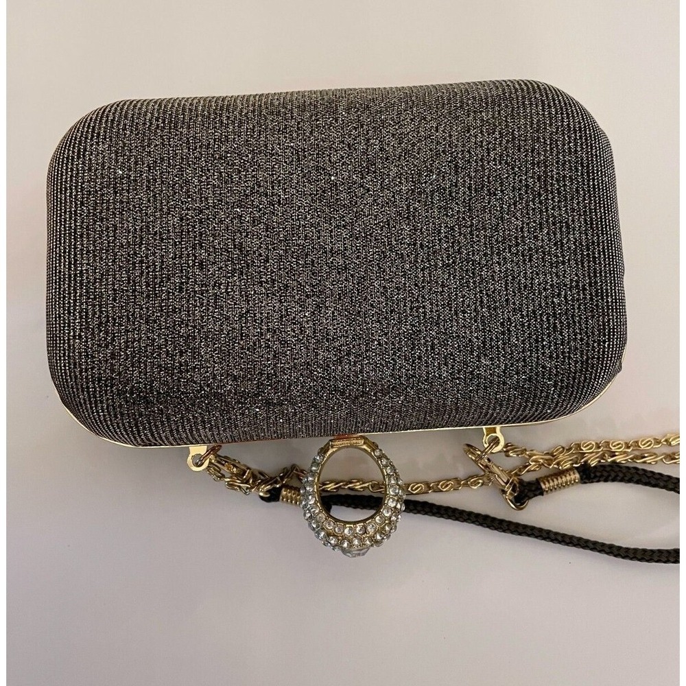 Payless Womens Clamshell Rhinestone Ring Purse Silver Gold Shoulder Strap Lined - Picture 9 of 15
